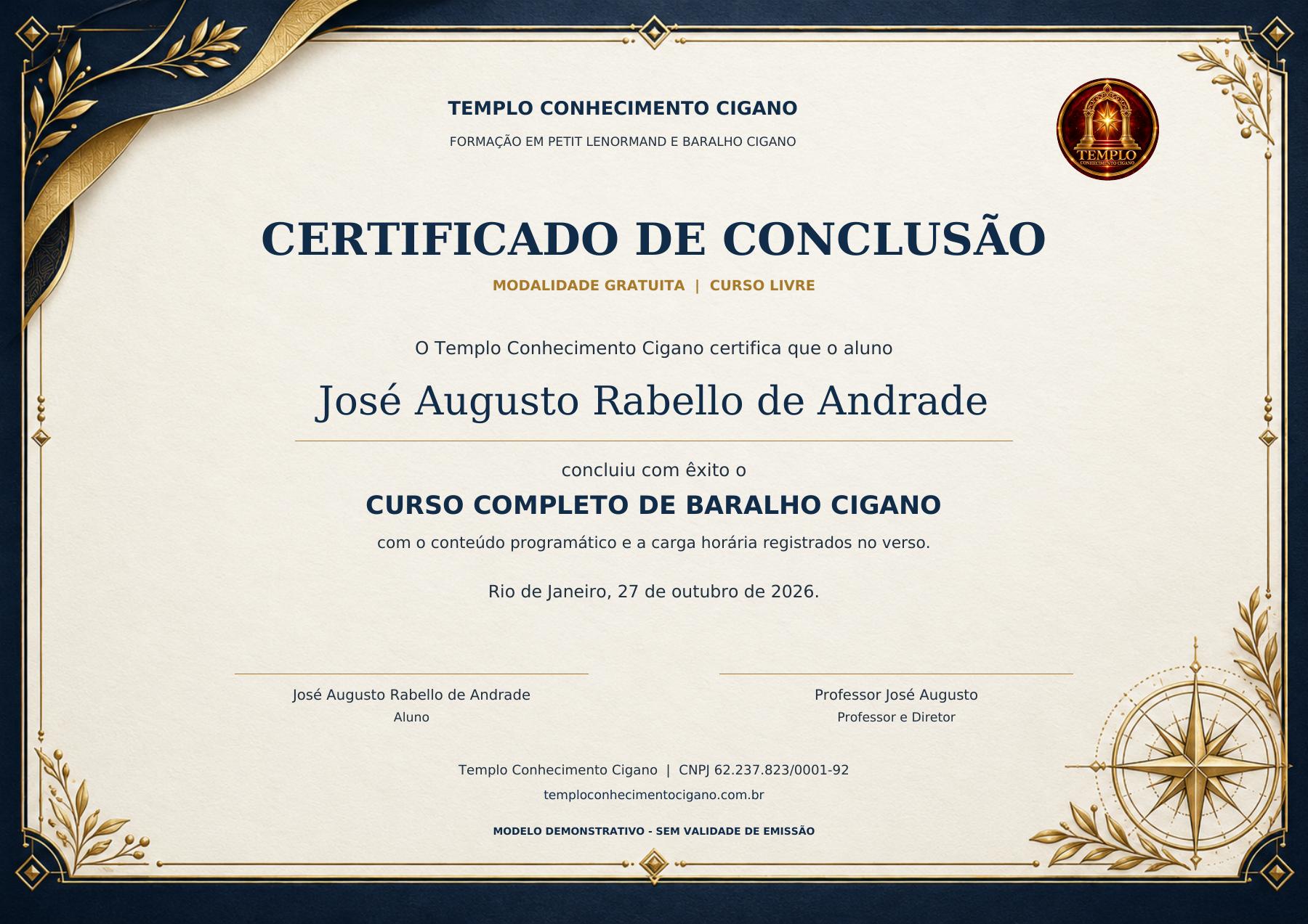 Frente do certificado da turma gratuita — modelo demonstrativo