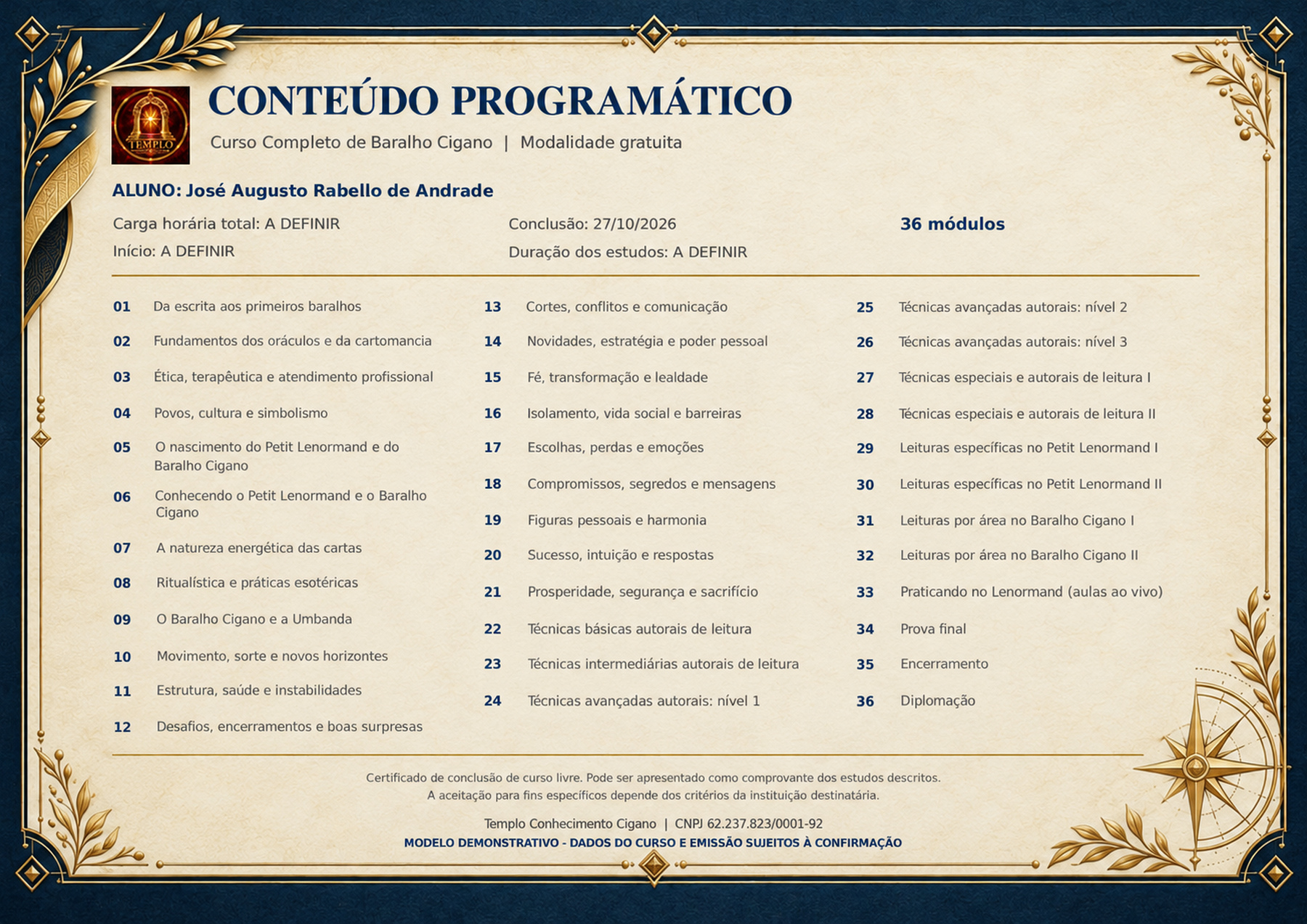 Verso do certificado da turma gratuita — modelo demonstrativo