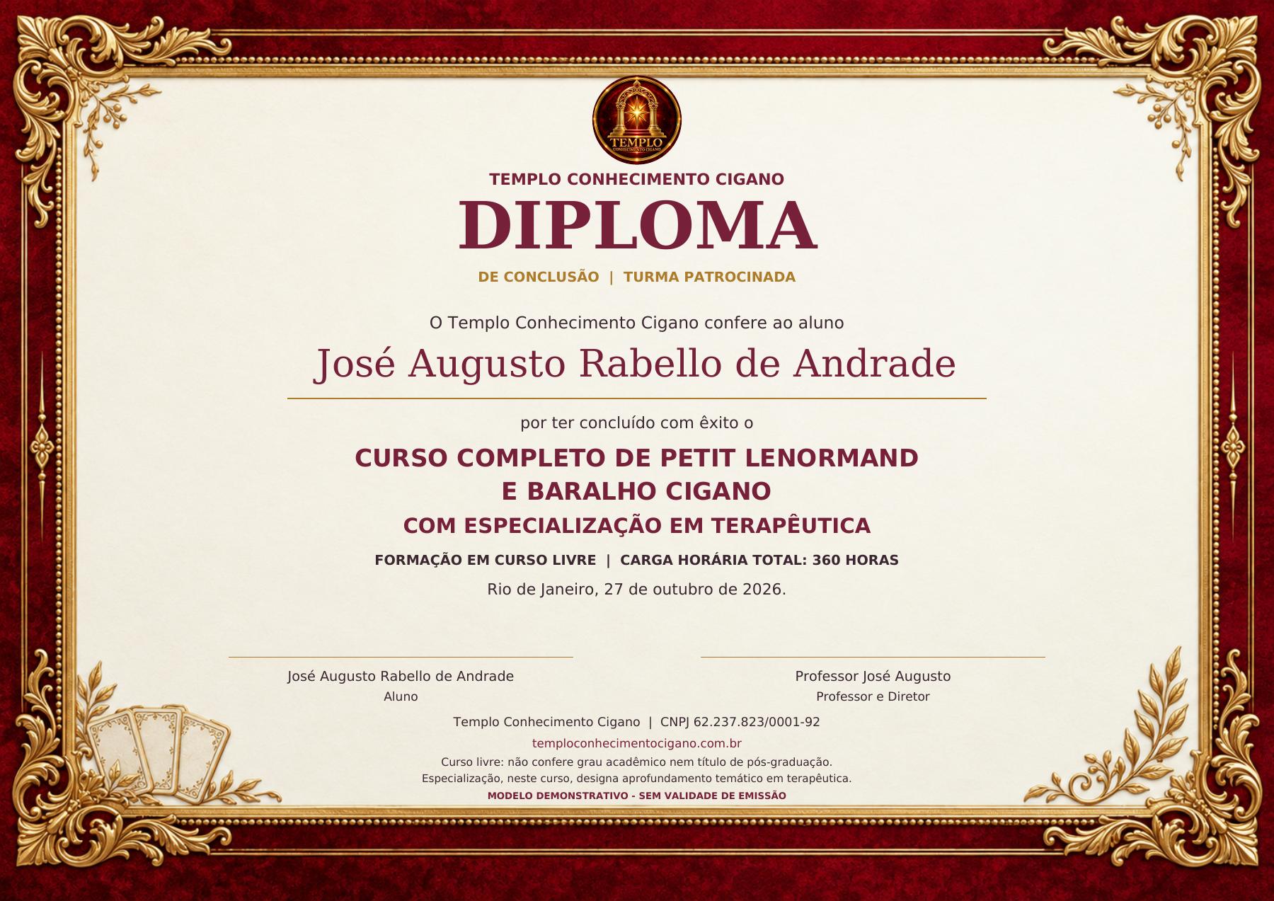 Frente do diploma da turma patrocinada — modelo demonstrativo