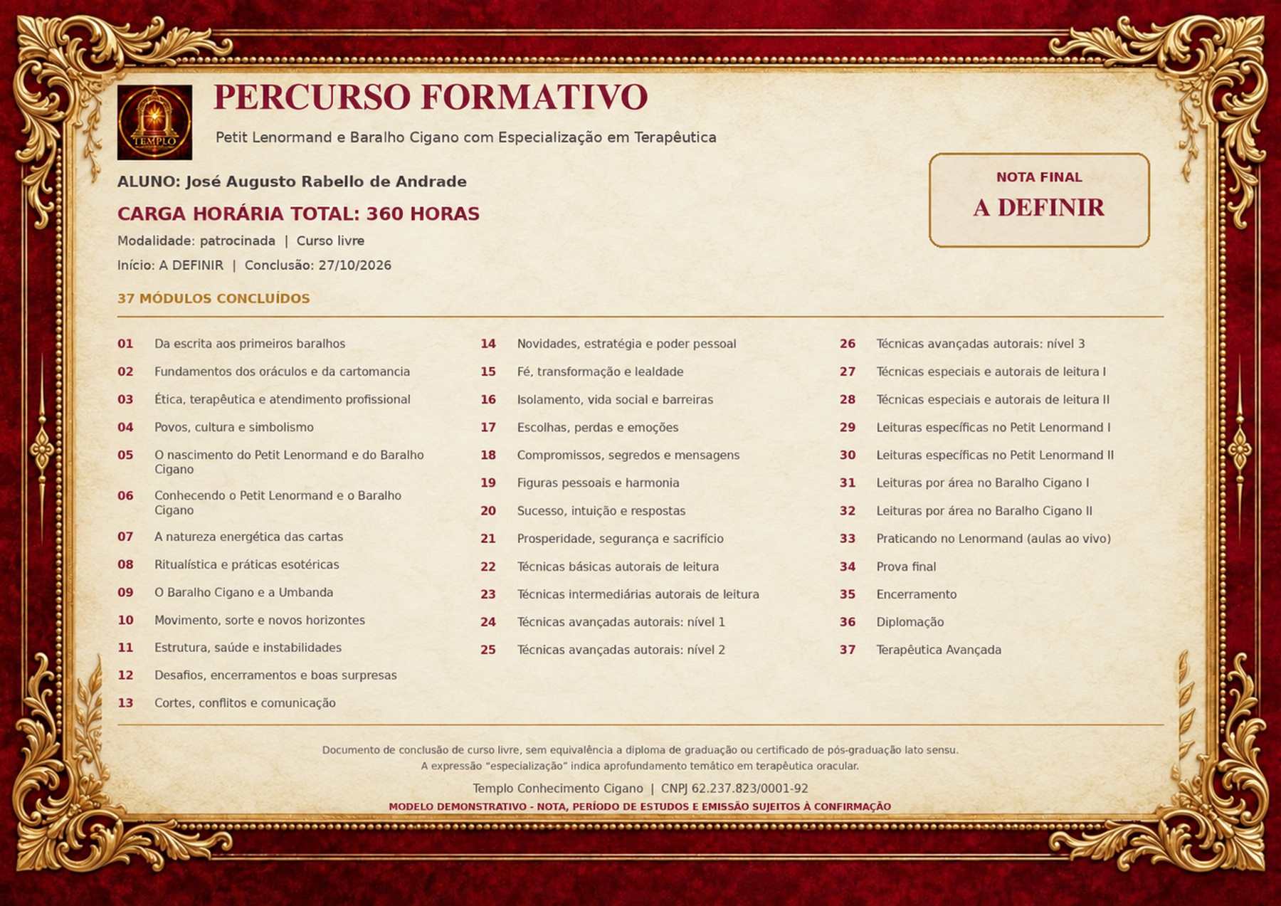 Verso do diploma da turma patrocinada — modelo demonstrativo