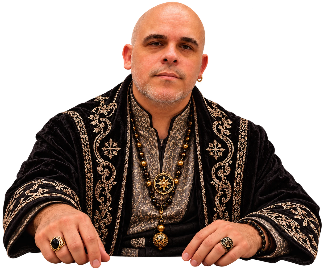 Professor José Augusto com traje cerimonial preto e prateado, sentado à mesa